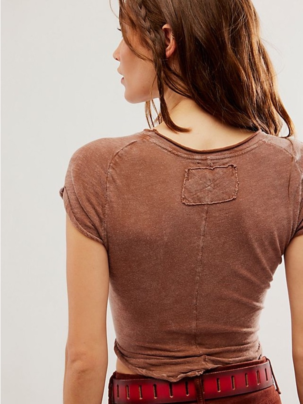 Free People We the Free Be My Baby Tee Cropped Brown Tee with Lettuce Hem - Picture 2 of 7